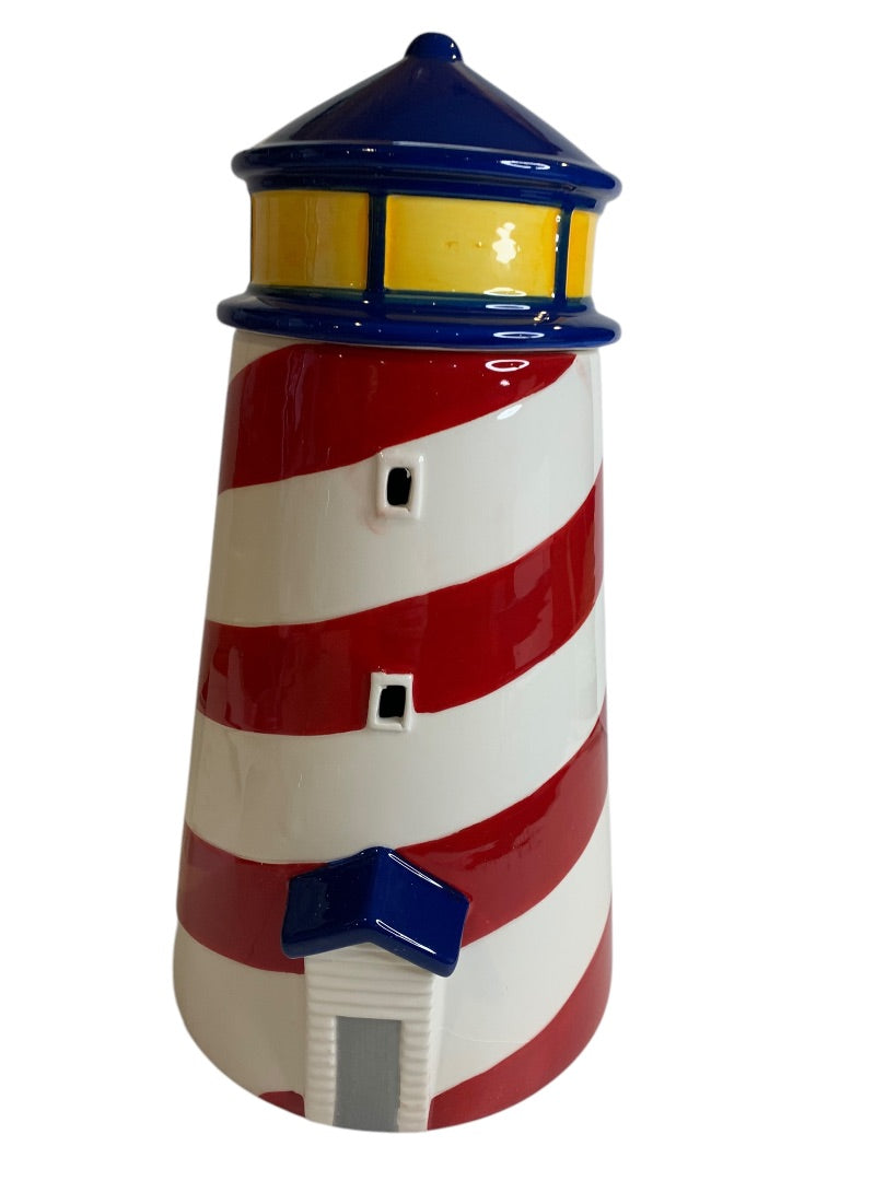 Cheryl's Ceramic Lidded Lighthouse Jar Open Windows 13 Inches Height
