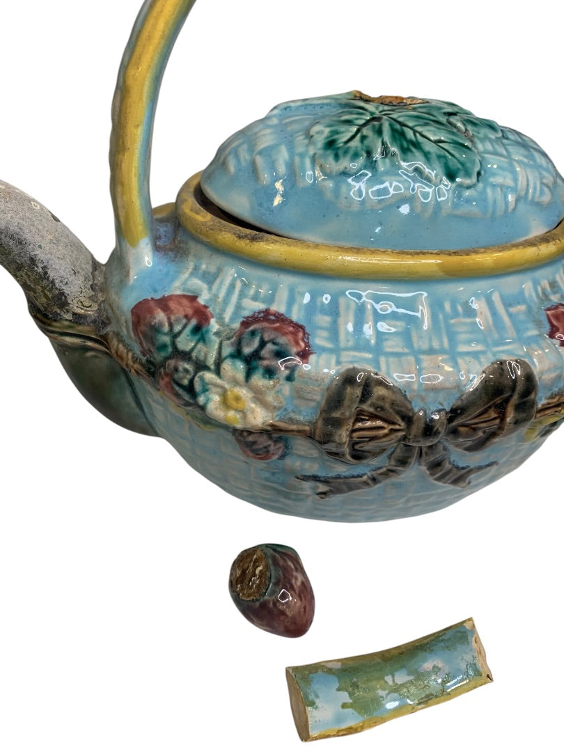 Antique Majolica Strawberry and Basket Teapot for Repair Broken