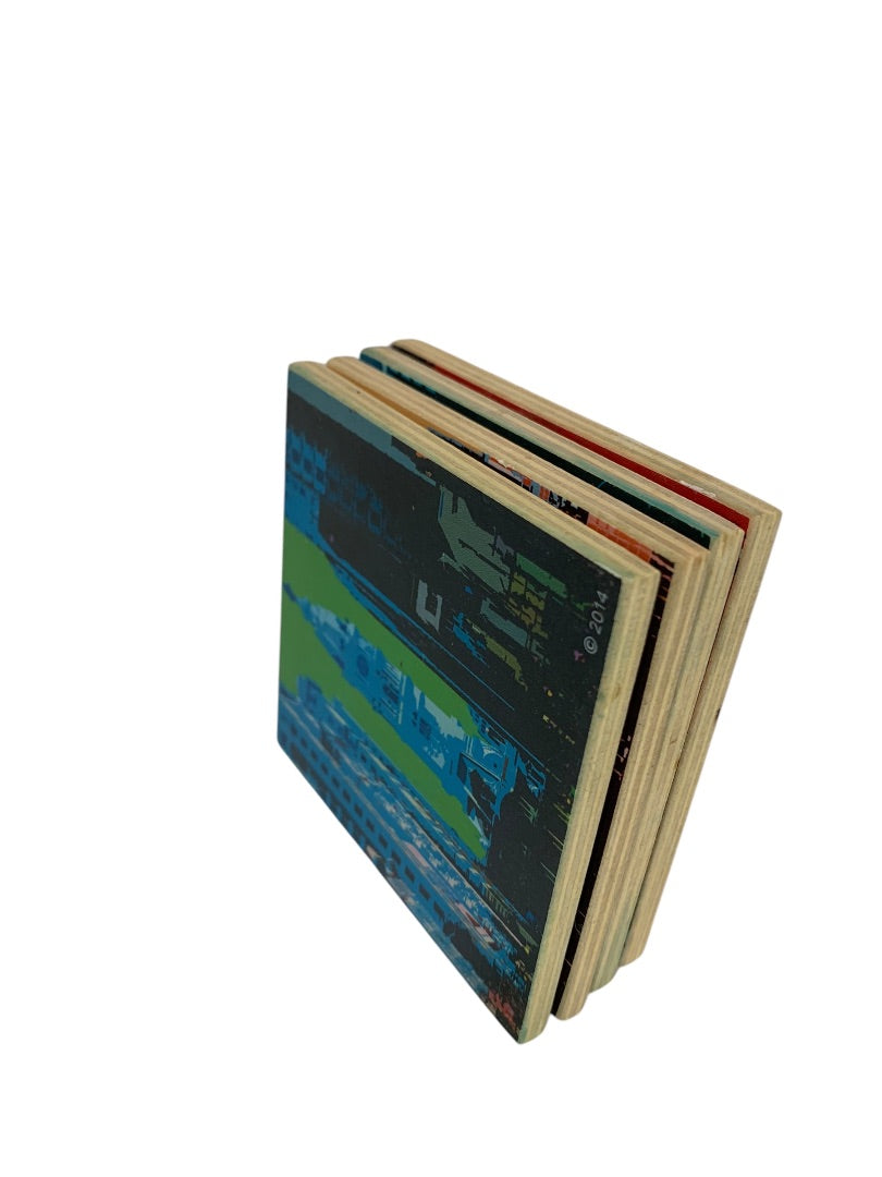 Set of 4 Magnet Drink Coasters Wooden Philadelphia 2014 Bright Graphics