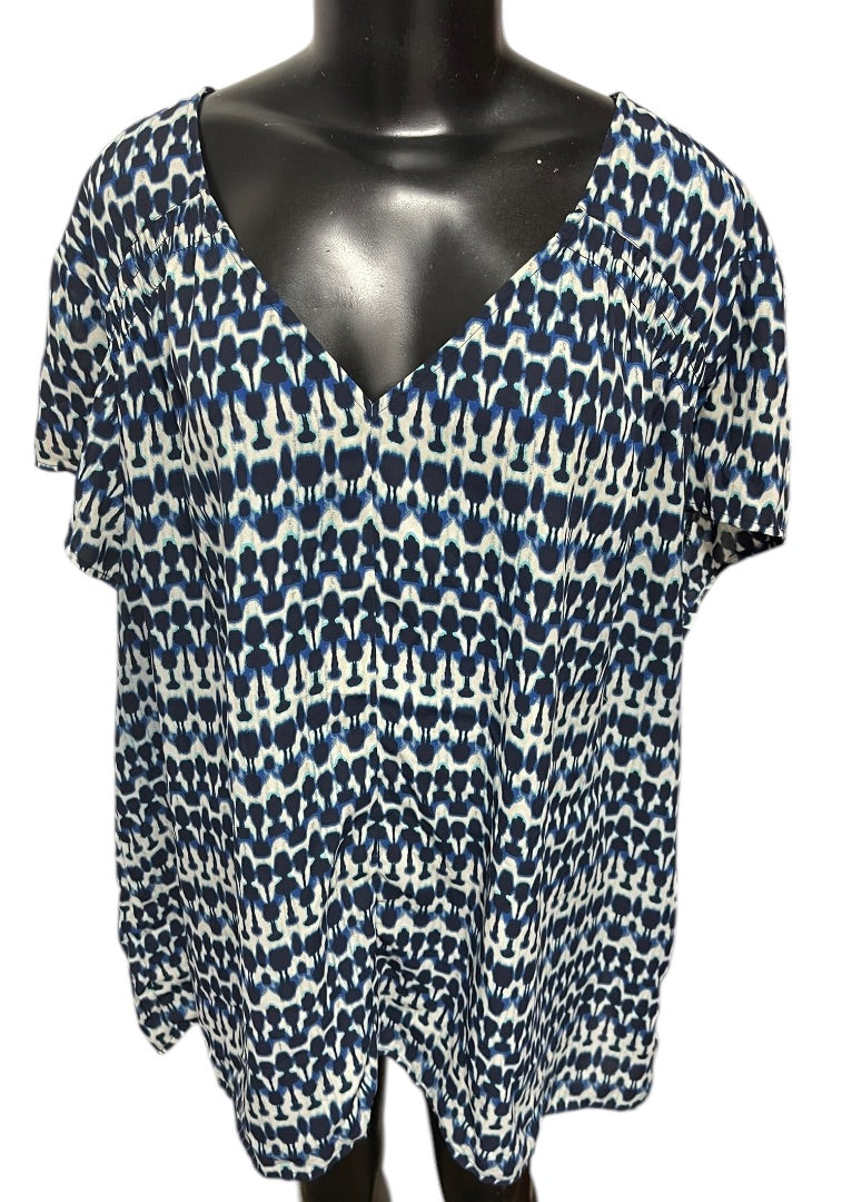 Size 24W Sejour Capsleeve V-Neck Womens Geometric Patterned Shirt Blouse Blue