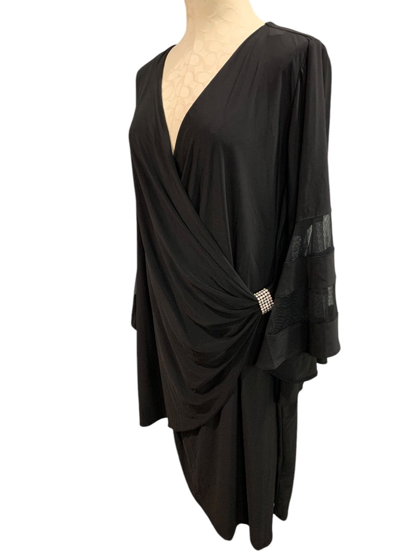 Size 16W R&M Richards Woman Black Wrap Around Dress Bell Sleeve Knee Length