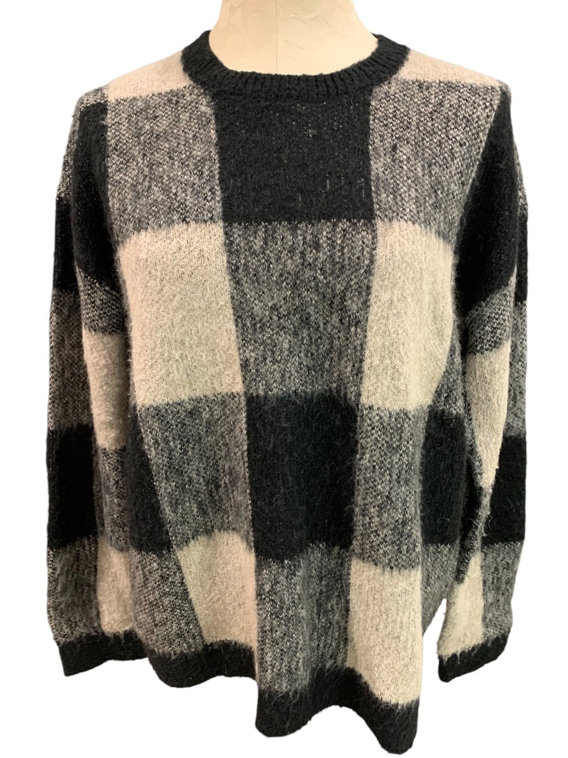 Large Lucky Brand Womens Wool Blend Sweater Buffalo Plaid Gray Black