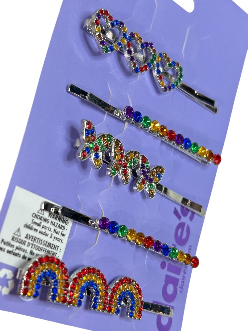 Claires New Rainbow Heart Sparkly Hair Bobby Pin Heart Butterfly