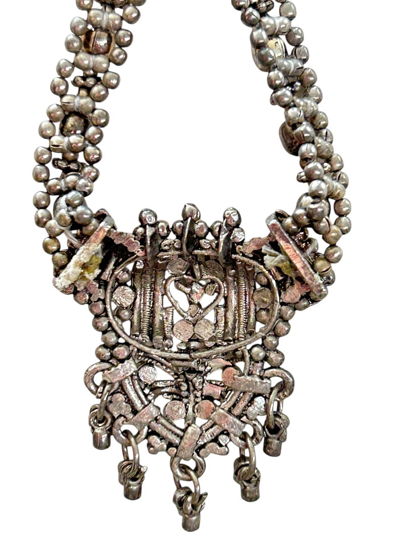 Slide Adjustable Overhead Silvertone Necklace Intricate Beading