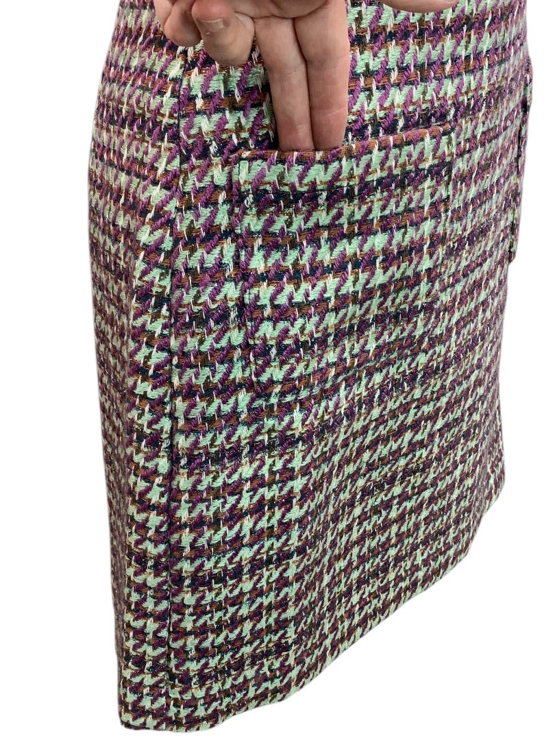 Size 2 Loft New Tweed Skirt Metallic Threading Pockets Side Zip Purple Green Brown