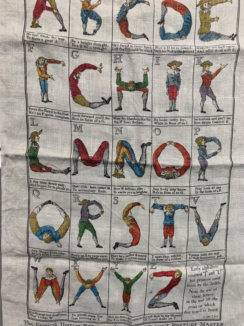 Vintage Tea Towel The Comical Hotch Potch or The Alphabet Posture 26" x 16"