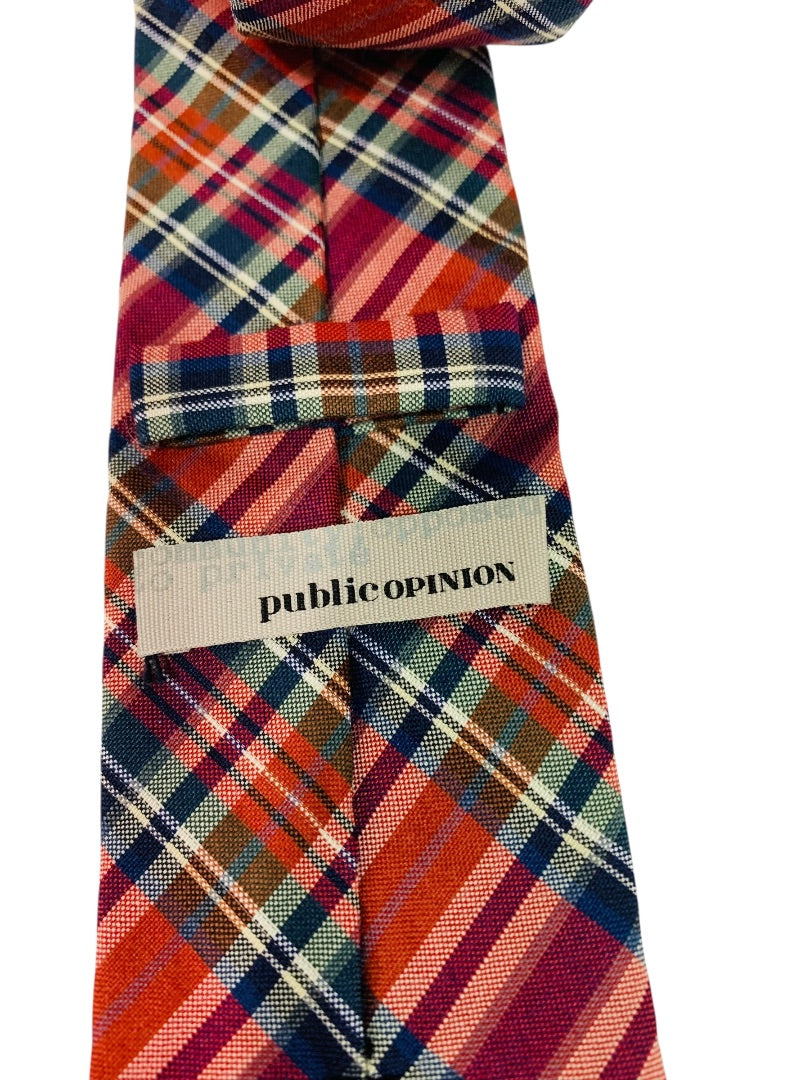 Public Opinion Mens Tie Necktie Red Plaid Wool Silk Blend 2.5" Width 58" Length