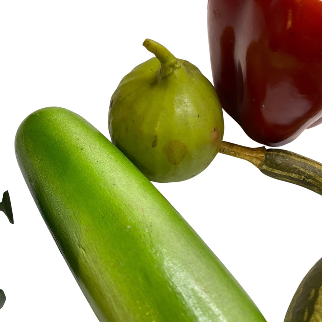 Assorted Lot of 5 Faux Vegetables Plastic Wooden Cucumber Squash Pepper