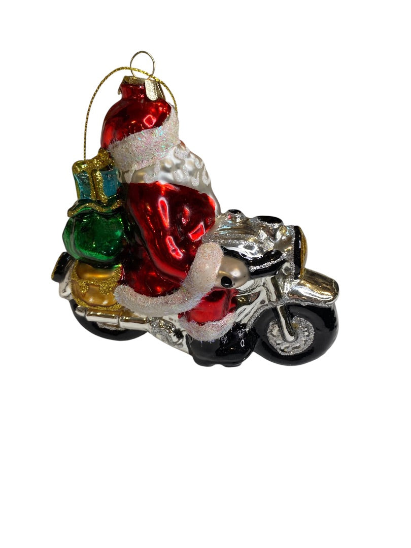Handblown Glass Biker Santa Ornament Motorcycle Christmas 5" Length