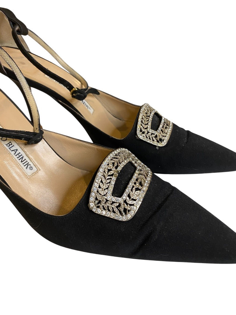 Size 39.5 Manolo Blahnik Vintage Black Rhinestone Buckle Heels 3"