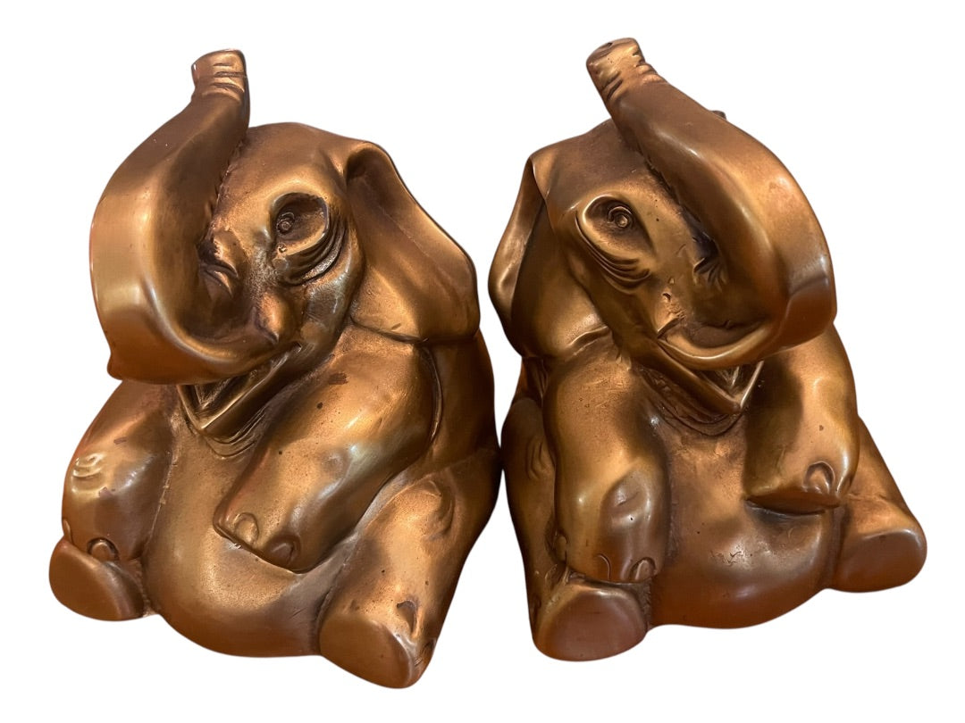 PM Craftsman Trunk Up Elephant Book Ends USA Heavy Goldtone
