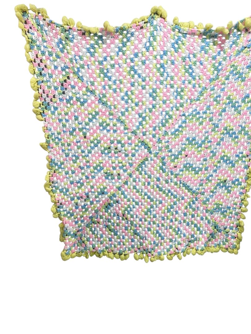 Vintage Crochet Baby Blanket Pastels 44" Square Yellow Pom Pom Trim