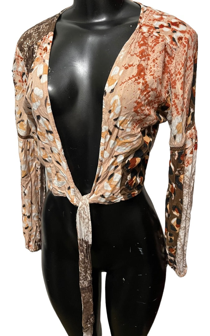 XS Raga Congo Women's Brown Multi Print Tie Front Crop Top Long Sleeve Blouse