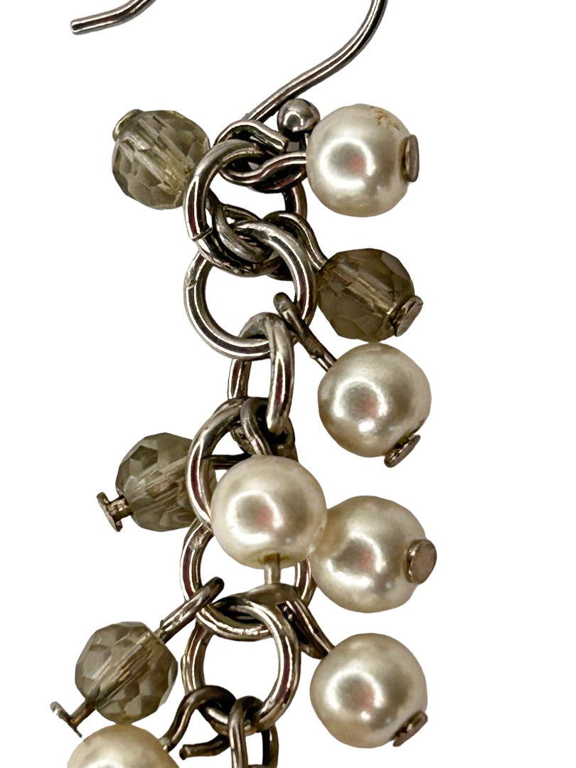 Faux Pearl Gray Crystal Earrings Pierced Hook 1 5/8" Drop Dangle