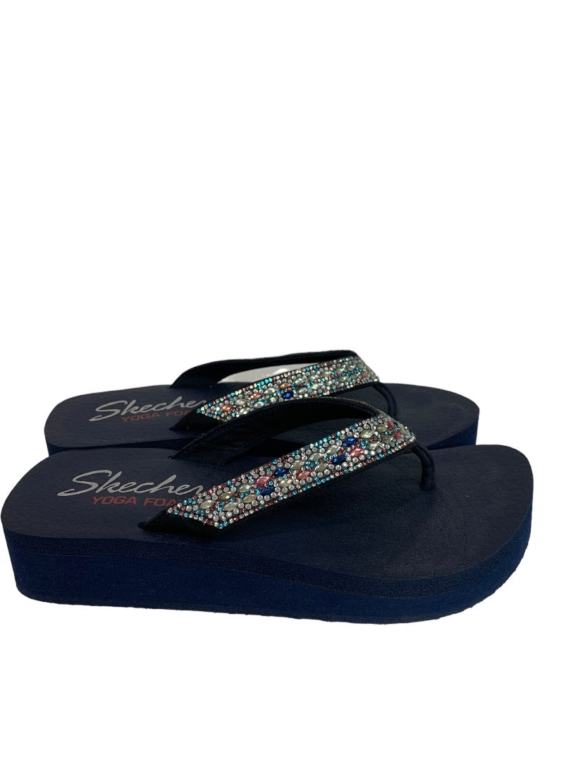 Size 8 Skechers Yoga Foam Platform Flip Flop Sandals Jeweled Navy Blue