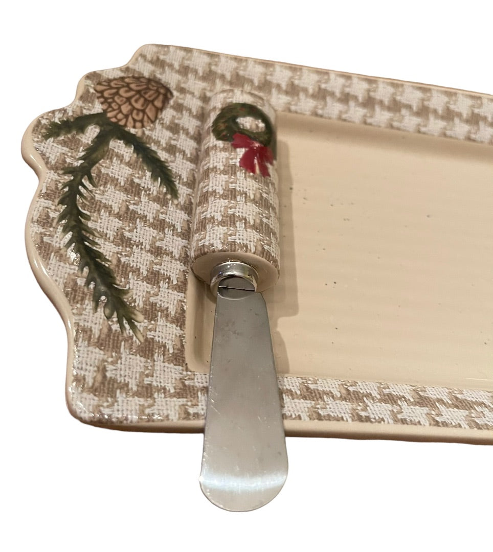 St. Nicholas Square Snow Valley Tray & 5 1/4" Spreading Knife 16"L x 5 1/2"W x 1 1/4"T