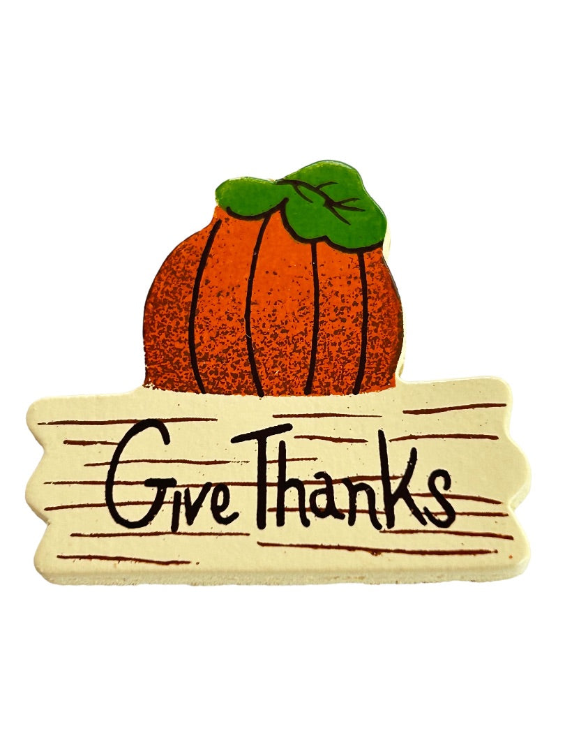 Painted Wooden Brooch Pins "Give Thanks" Pumpkin Crown Set of 2