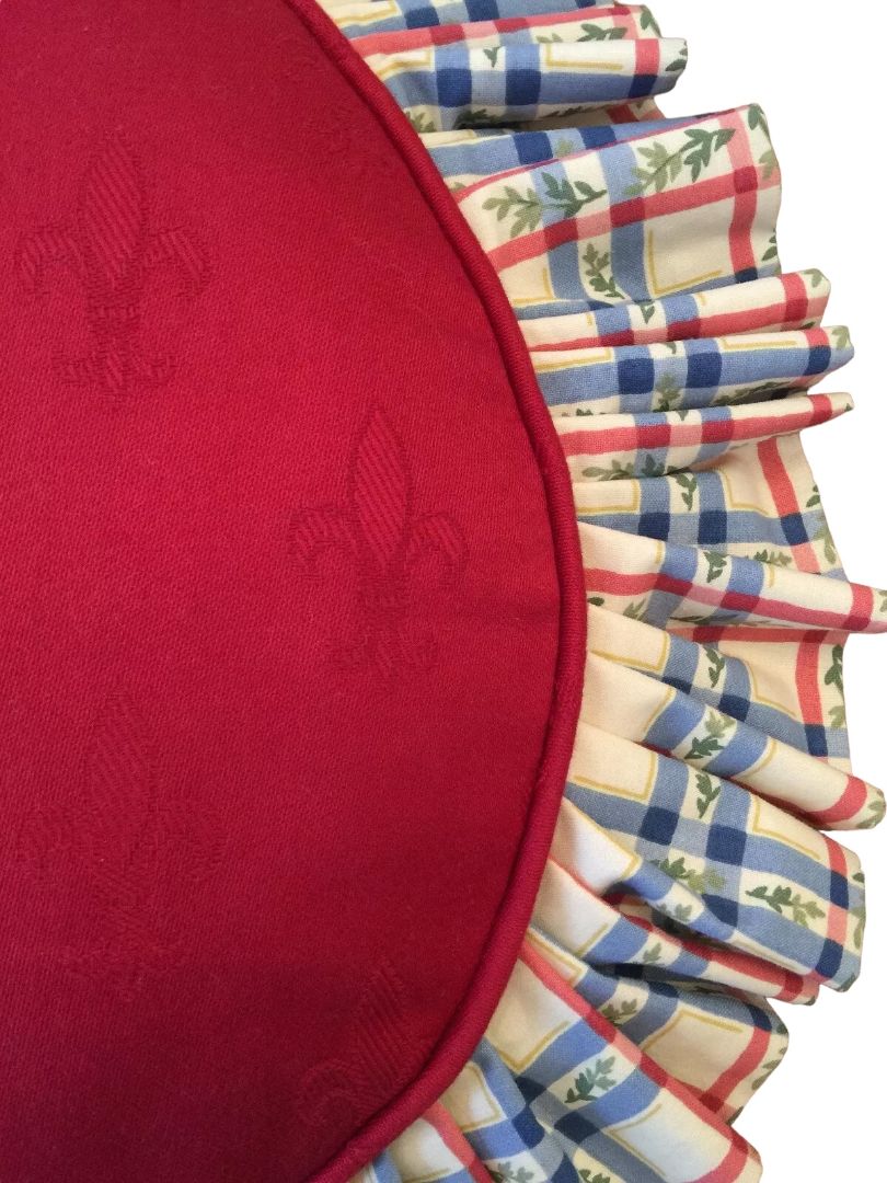 Red Country Ruffle Fleur di Lis Accent Throw Pillow Custom Made 14" Diameter