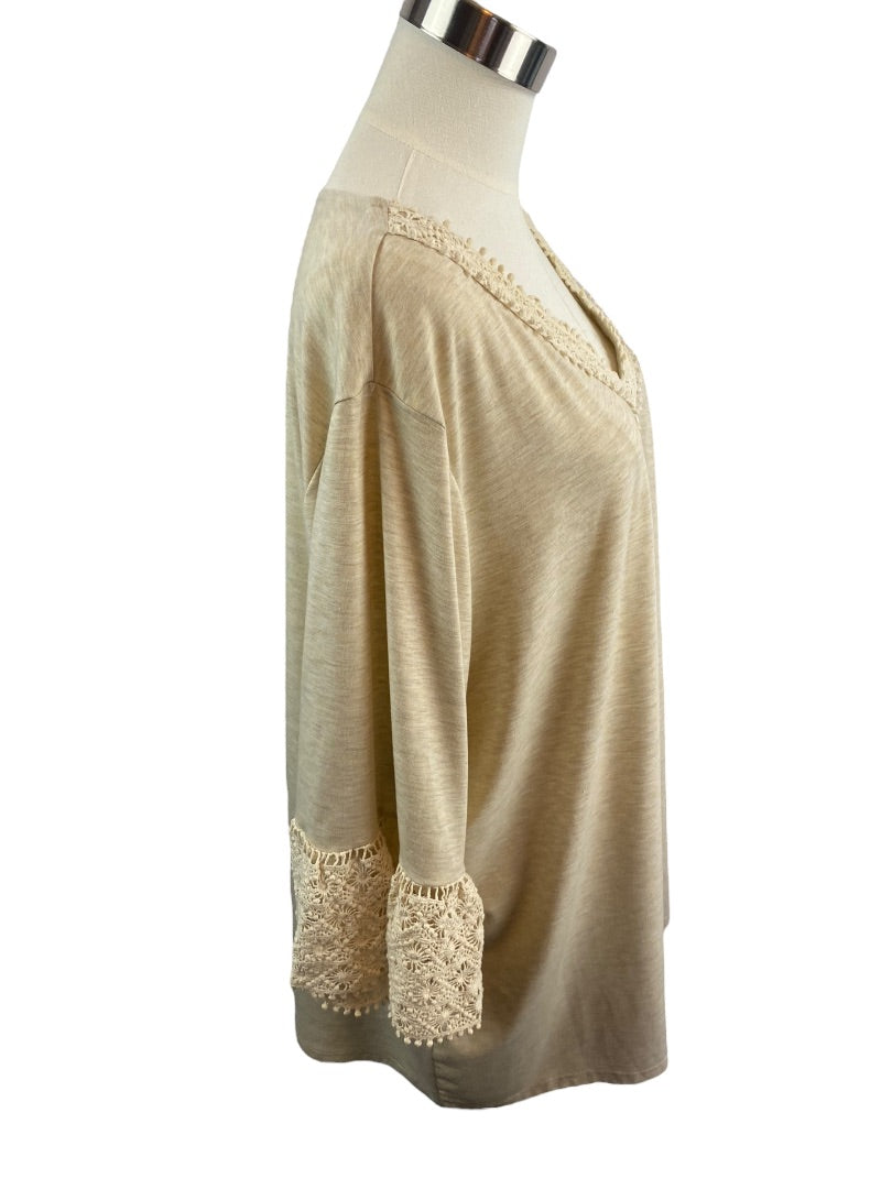 2X Ruby Rd Women's Oatmeal V-Neck Crochet Trim Pullover Top Shirt