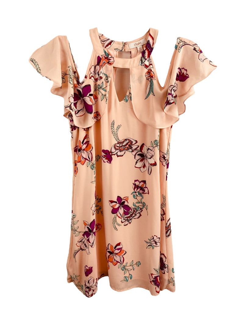 XS Candie's Pink Lined Cold Shoulder Halter Shift Dress Floral