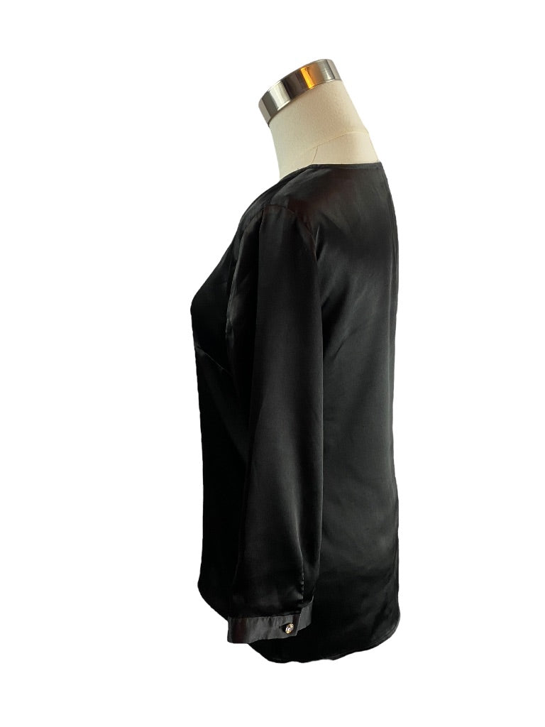 XS The Limited Womens Black Satin 3/4 Sleeve Pullover Split Neck Blouse
