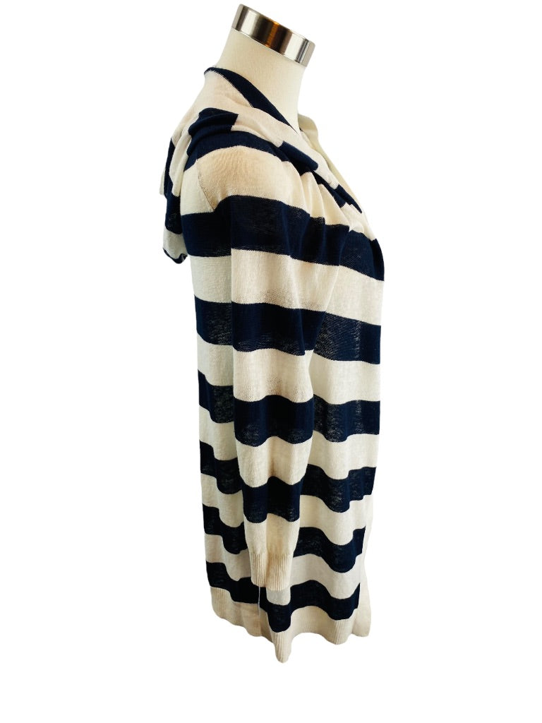 XS LOFT Womens Navy Blue White Striped Linen Blend Sweater Hooded Lightweight
