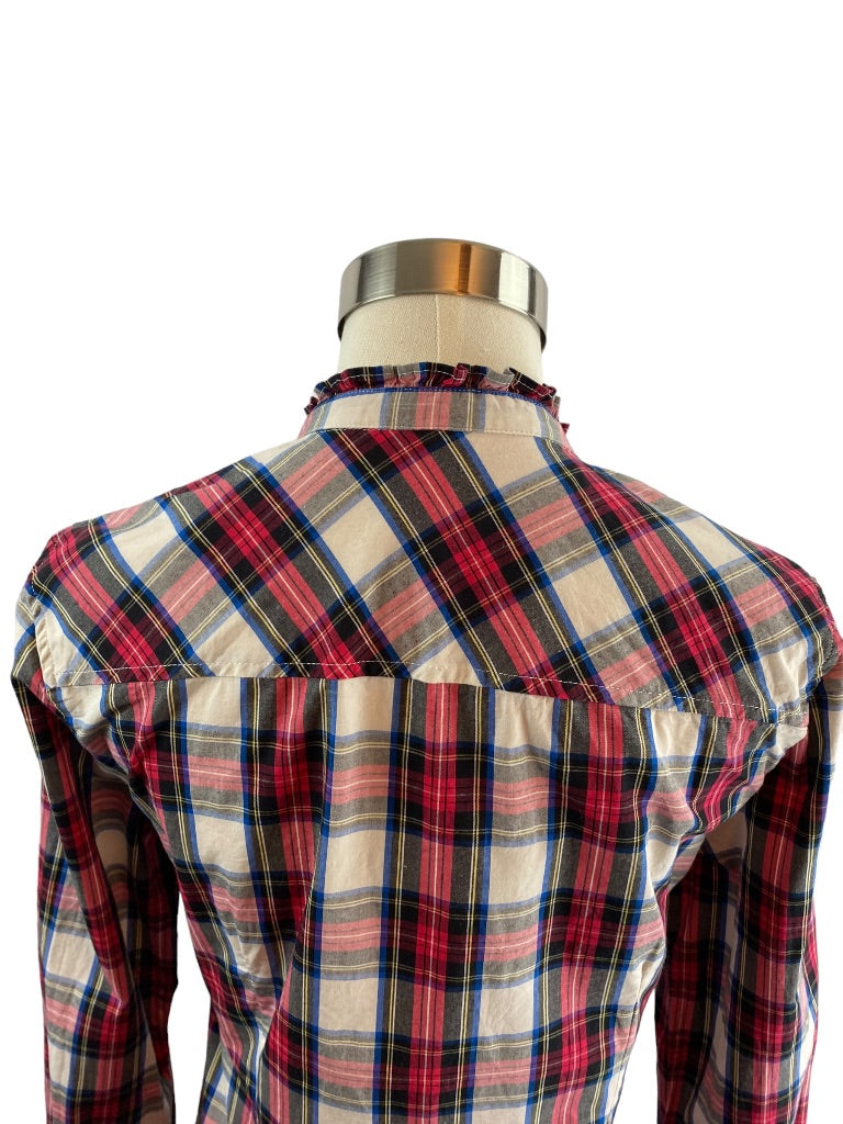 XS J.Crew Womens Plaid Button Up Ruffle Collar Blouse Stretch Cotton