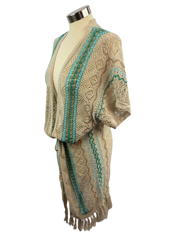 Small Chico's Women's Summer Linen Boho Fringed Loose Knit Cardigan Sweater
