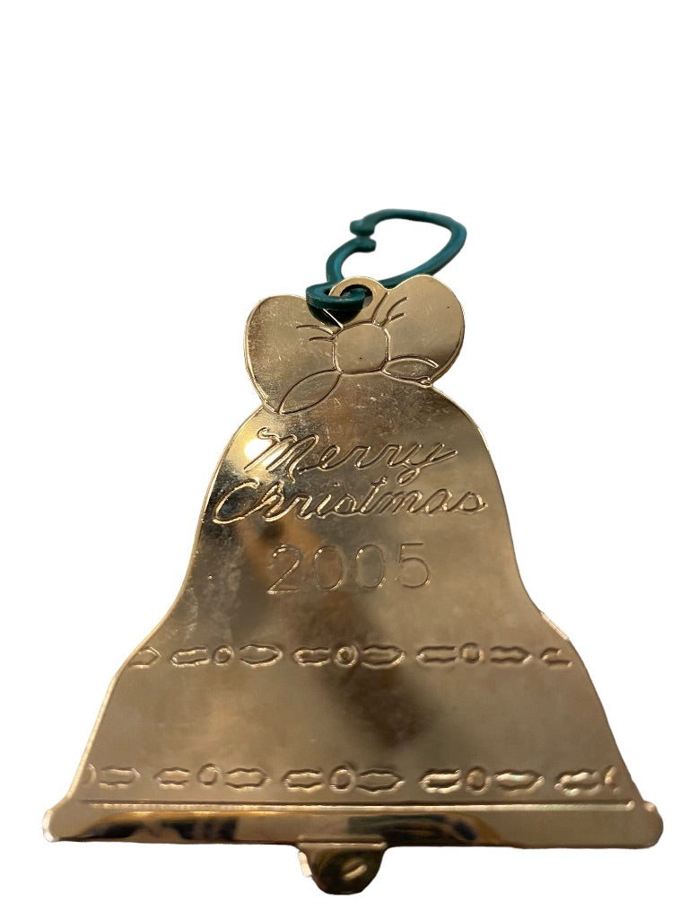 2005 Holiday Christmas Bell Ornament Duchin Made in USA 2.5"h Goldtone Flat