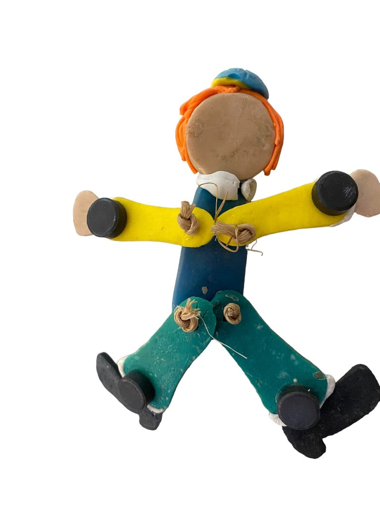 Handmade Clay Clown Articulated Magnet 5" Blue Green Yellow with Cap