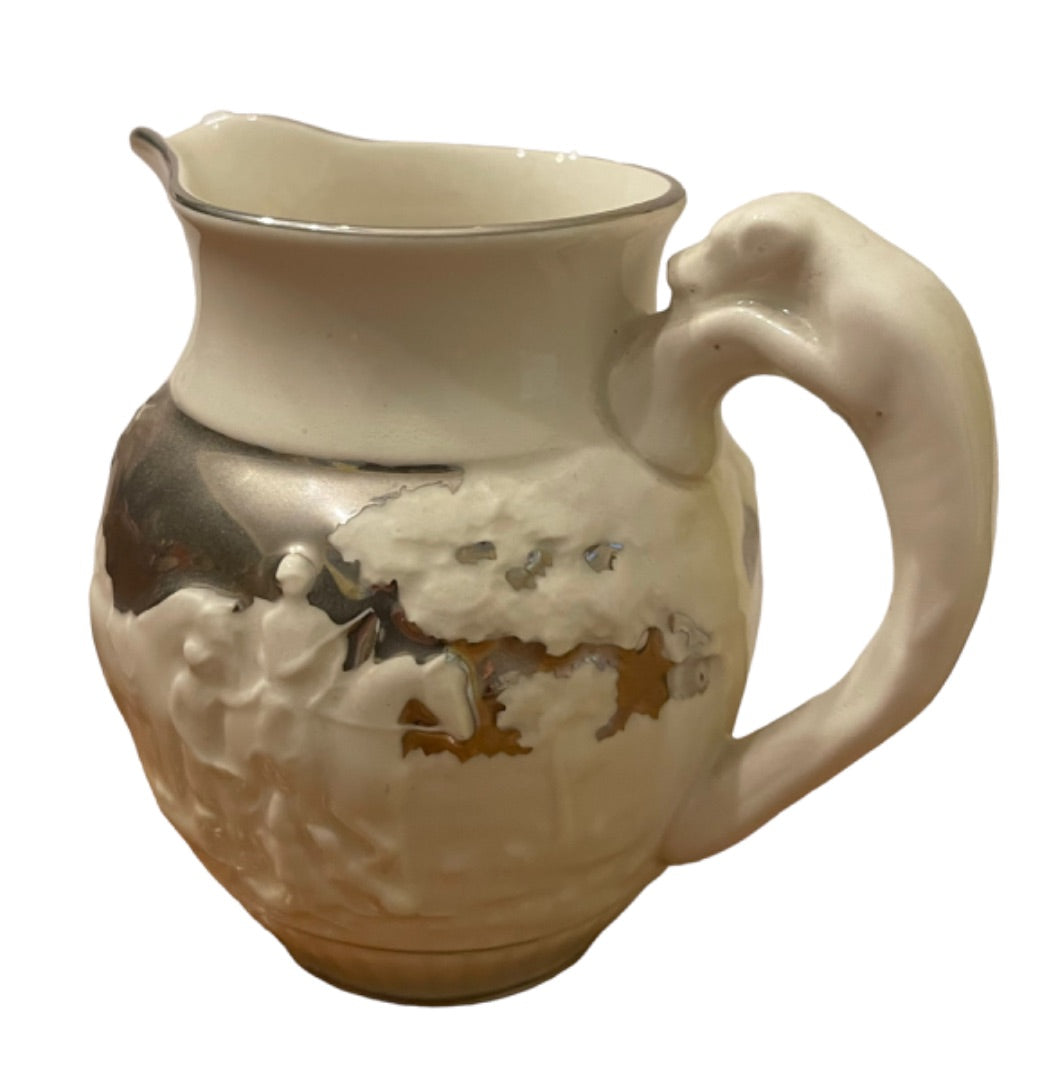 Vintage Wedgwood Eturia Barlaston Creamer Ivory Silver Horse Hound Hunt 4"h
