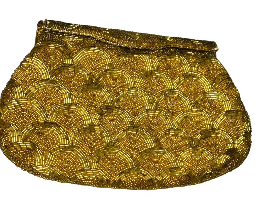 Goldtone Beaded Handbag Convertible Clutch with Chain Strap Evening Bag