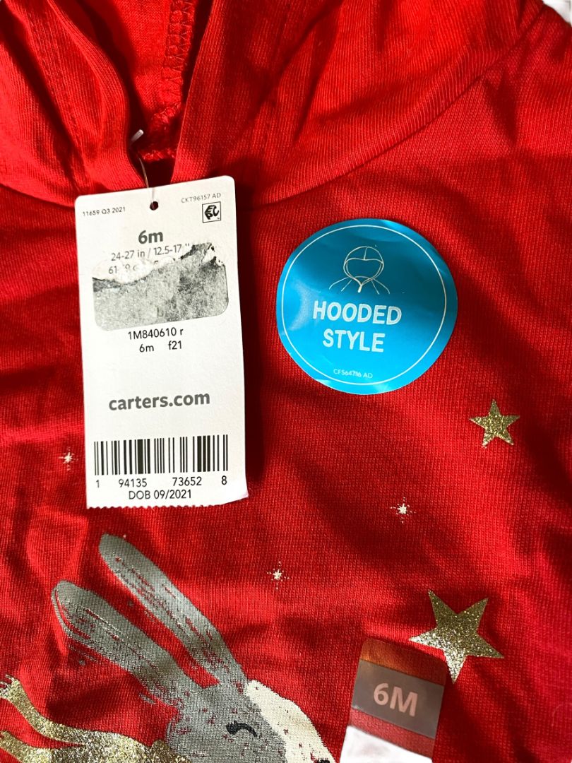 NWT 6M Carter's Hooded Shirt Bunny Sledding Candy Cane Holiday Christmas
