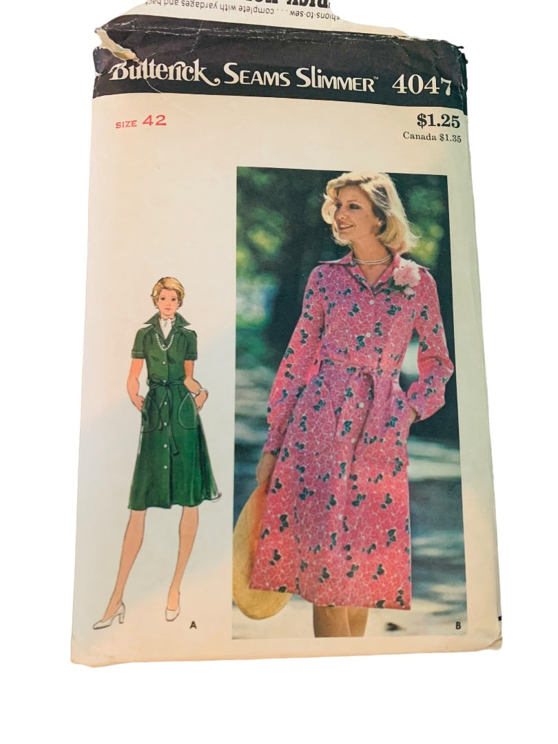 Size 42 Butterick Seams Slimmer 4047 Uncut Pattern Vintage 1970s A-Line Dress
