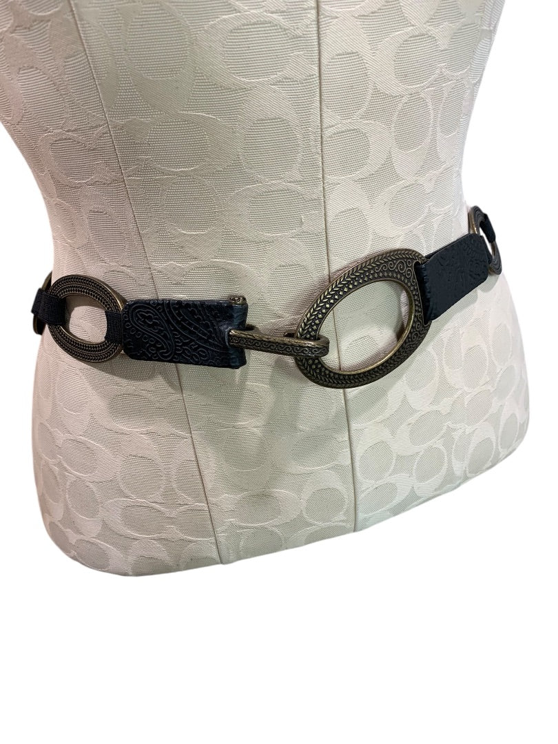 One Size Womens Brass and Tooled Leather Womens Link Stretch Belt