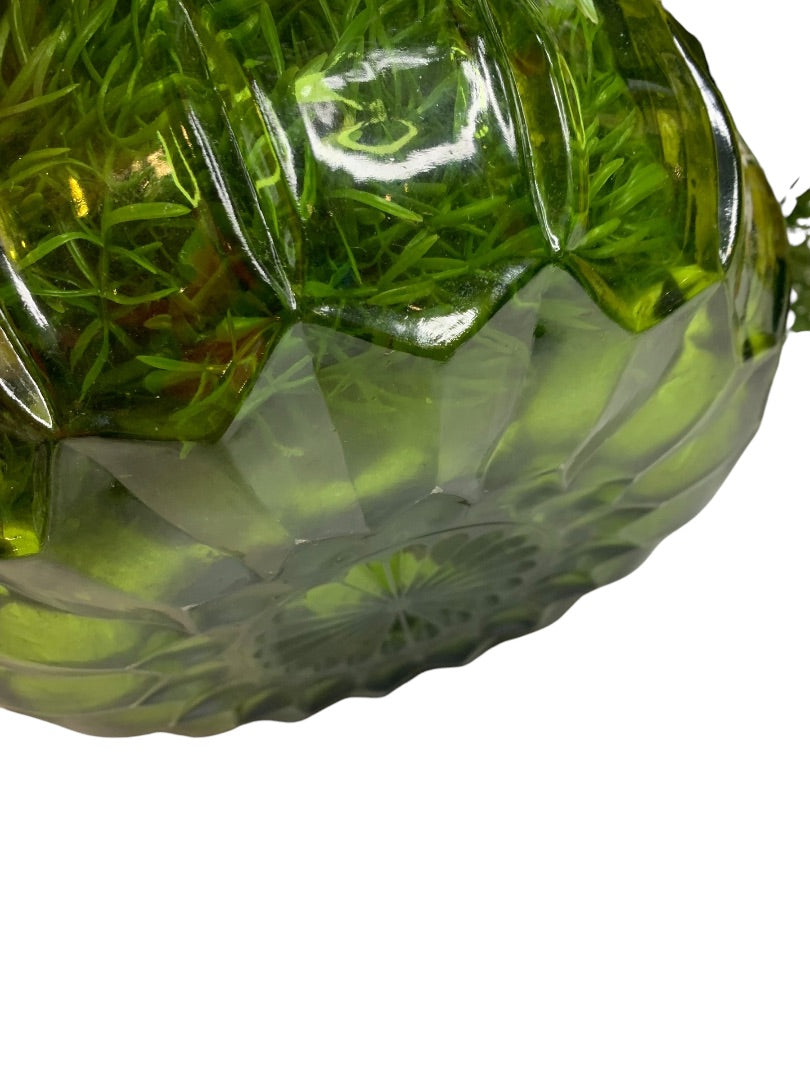 1960s Plastic Flower Centerpiece Arrangement Green Glass Bowl Kitschy