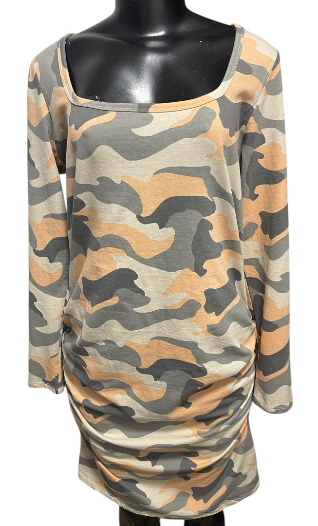 XL Venus Camouflage Long Sleeve Bodycon Dress Ruched Sides