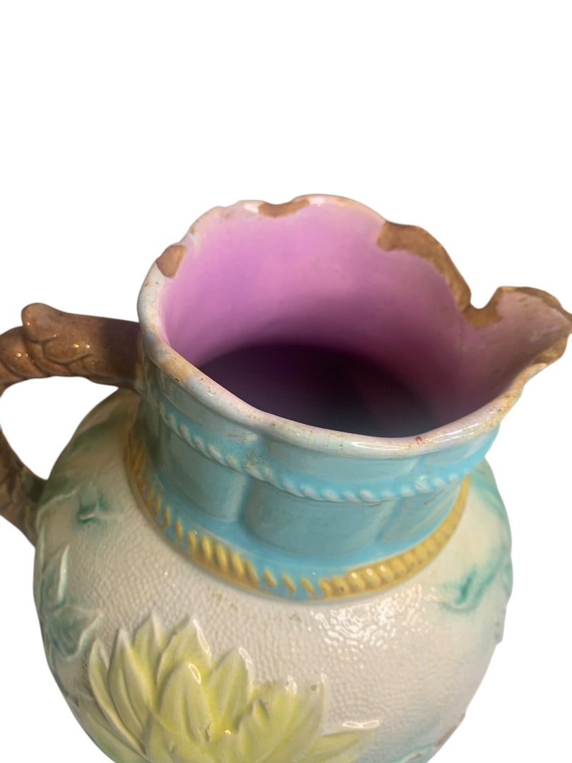 Samuel Lear Majolica Pitcher Water Pond Lily Rope Antique Victorian Chips