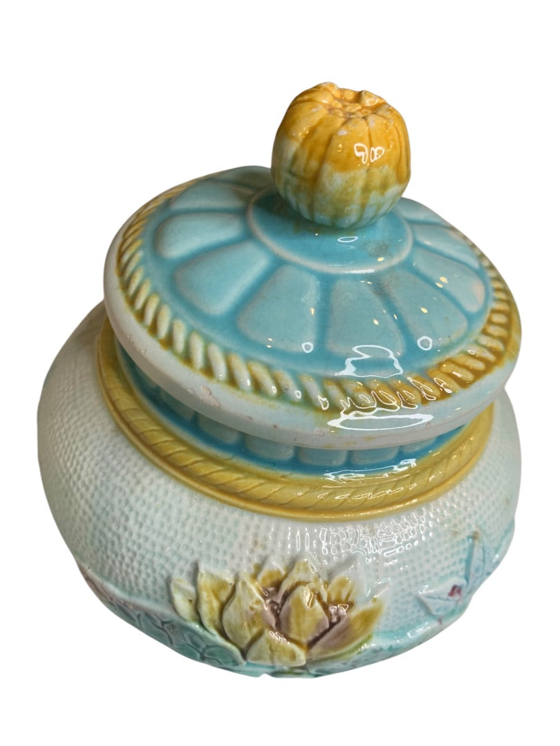 Antique Majolica Lily Pond Lidded Jar Blue Yellow Flower