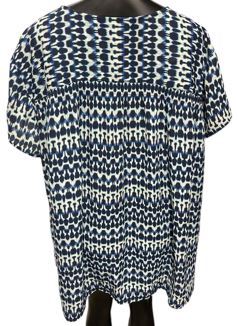 Size 24W Sejour Capsleeve V-Neck Womens Geometric Patterned Shirt Blouse Blue