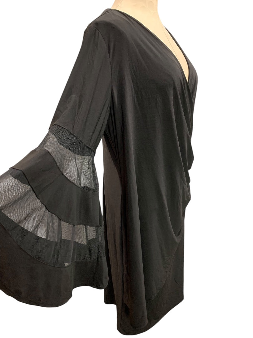Size 16W R&M Richards Woman Black Wrap Around Dress Bell Sleeve Knee Length