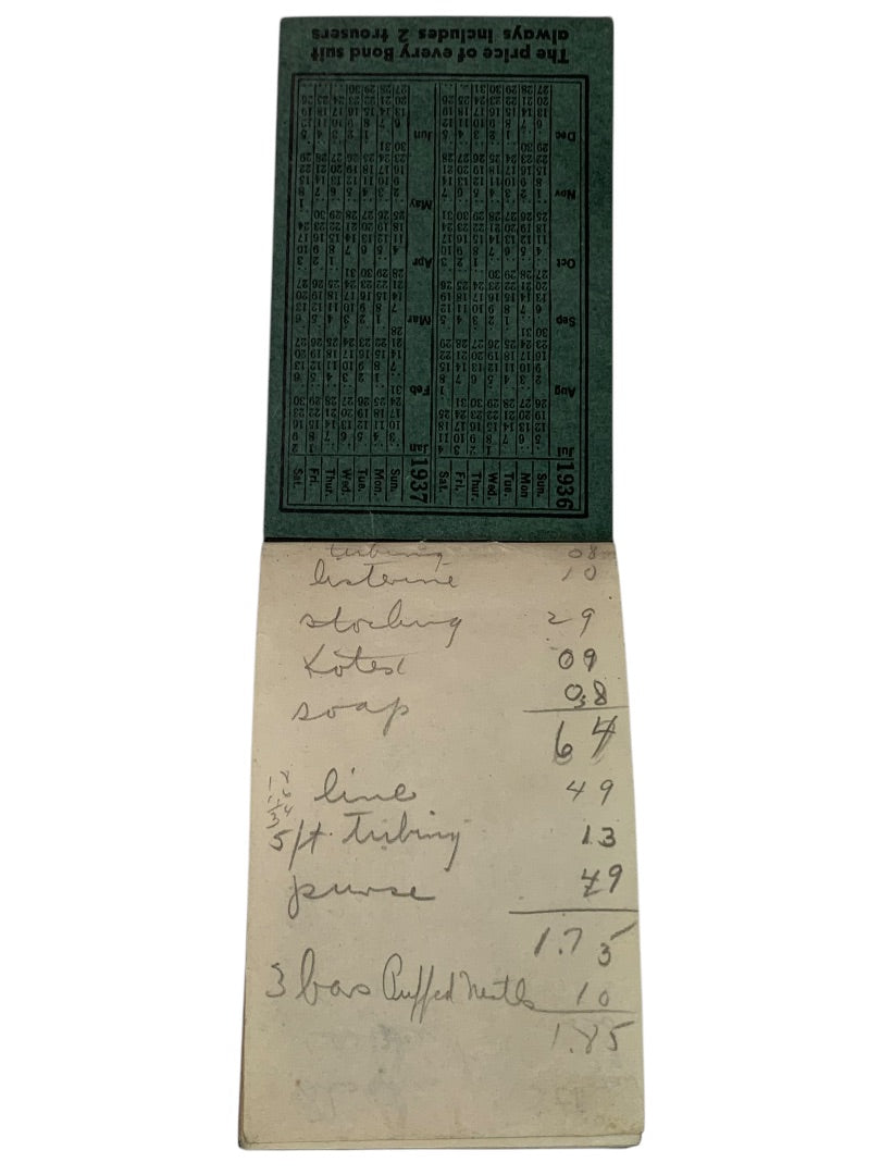 1936 Bond Clothes Promotional Notepad Scranton PA 3.7" x 2.2"