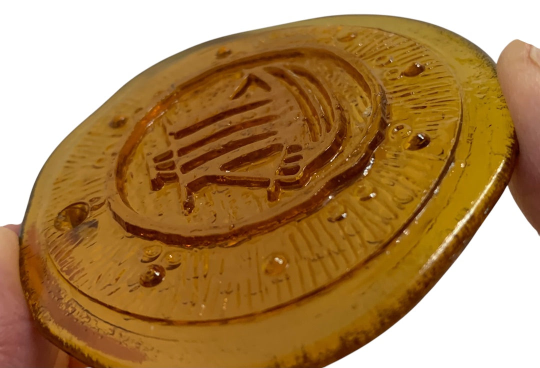 1960s Nuline Wheaton Amber Glass Suncatcher Small Ship 2.5 Inch