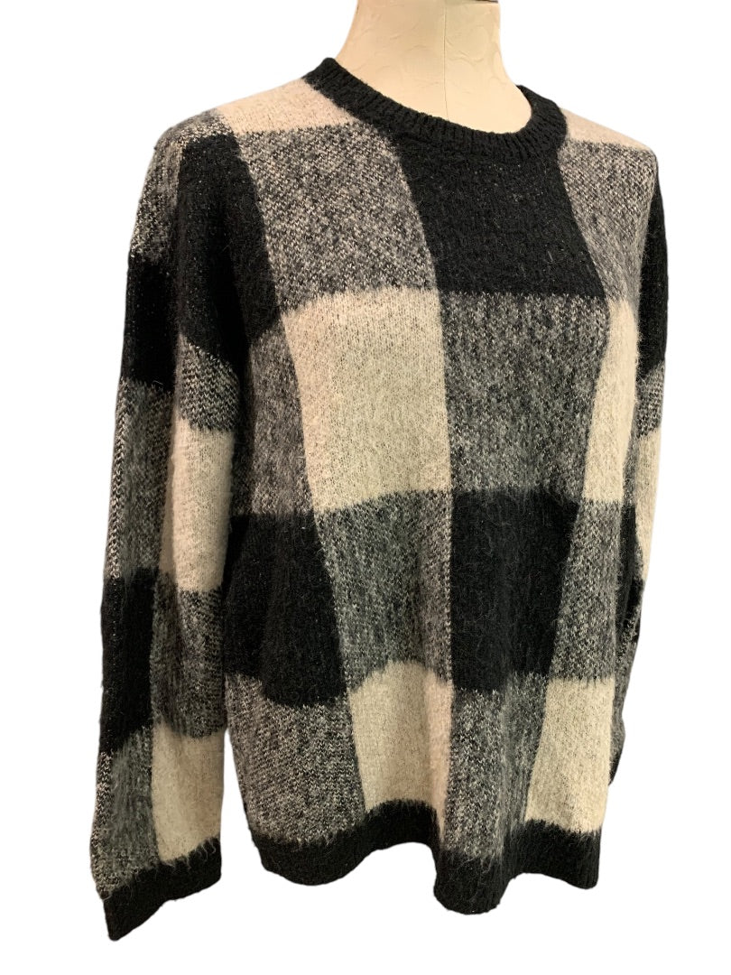 Large Lucky Brand Womens Wool Blend Sweater Buffalo Plaid Gray Black