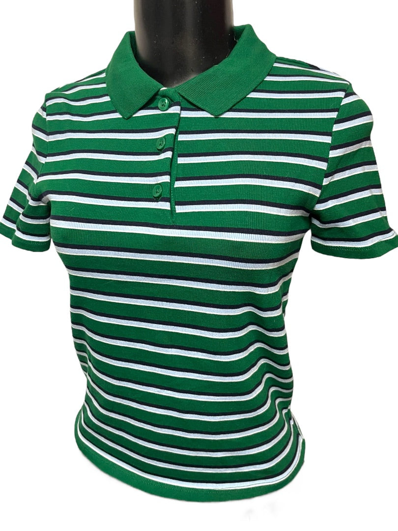 Medium Zara Womens Fitted Waist Length Striped Polo Shirt Green