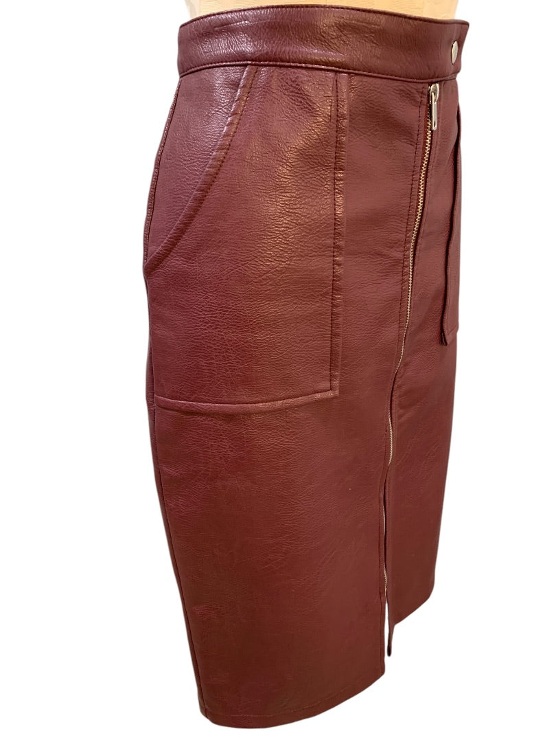 Size 10 Primark Womens Merlot Vegan Leather Skirt Zip Pockets