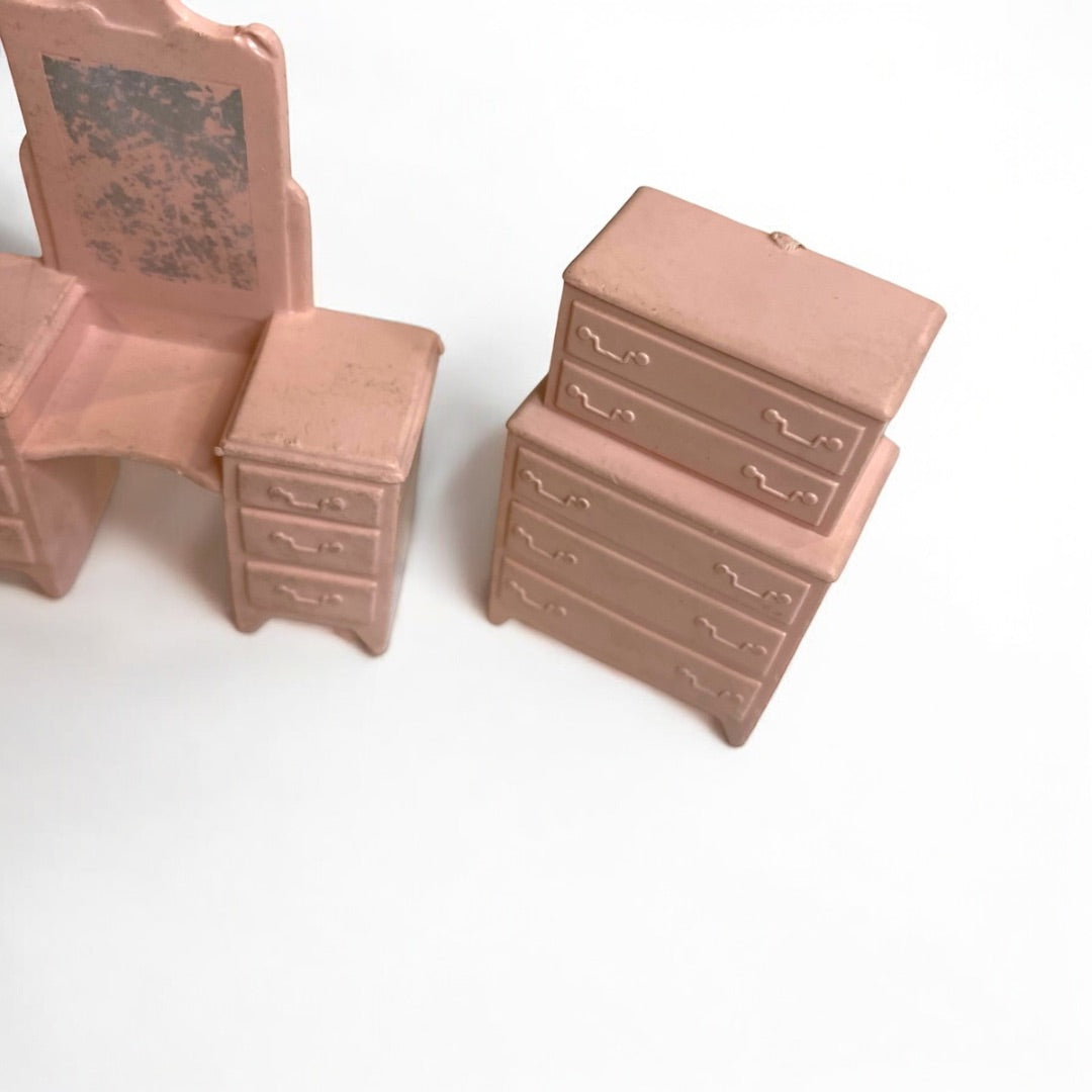 1950s Pink Miniature Dollhouse Vanity Bureau Set Bedroom 1:24