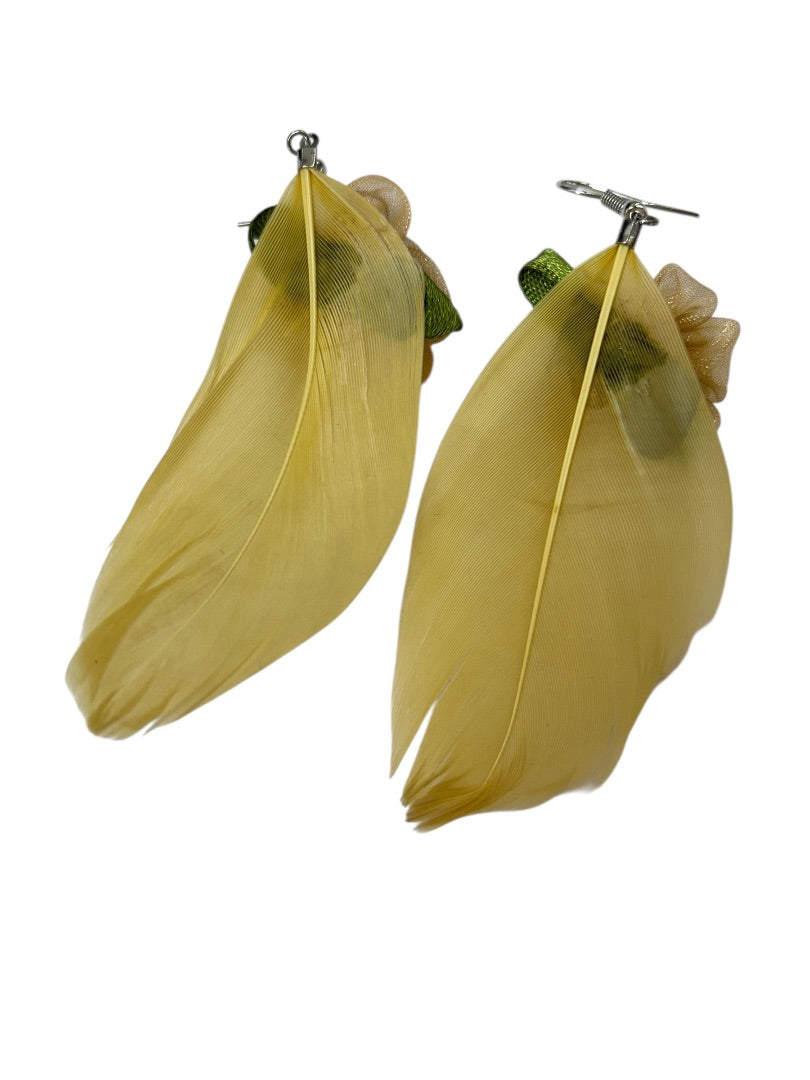 Vintage Fashion Earrings Fabric Feather Rose 3.5" Drop Fish Hook