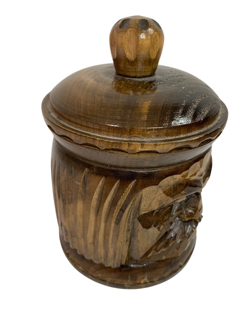 Vintage Wooden Lidded Jar Humidor Carved Old Man 6 Inch