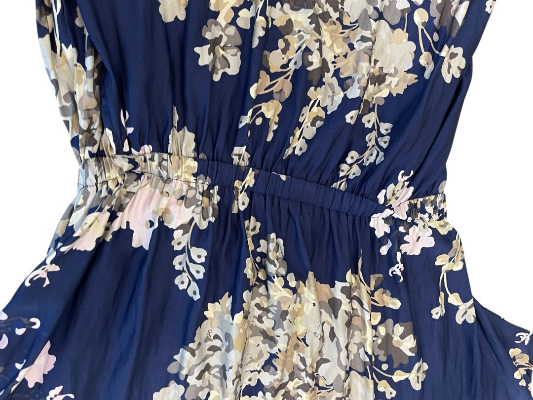 Large Express Floral Scoop Neck Elastic Waist Mini Dress Blue Pockets
